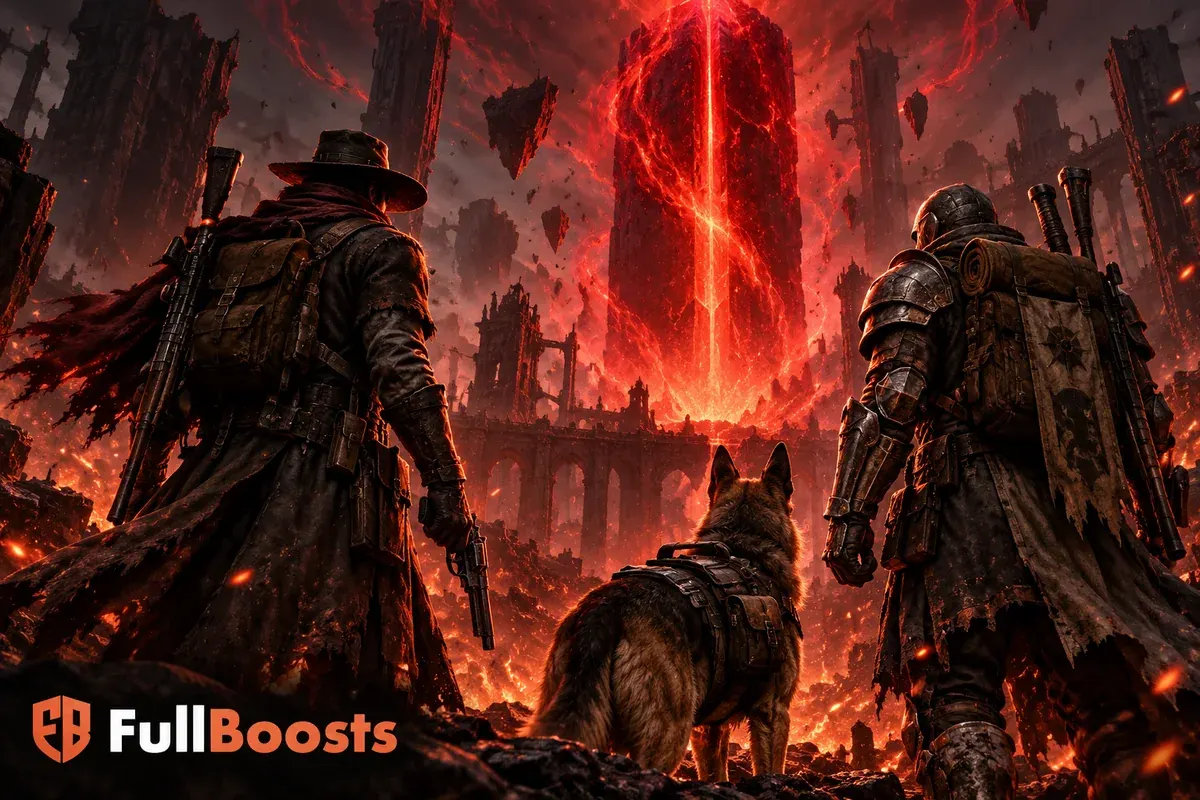 A rugged gunslinger and armored handler with a loyal dog beside a glowing red world stone
