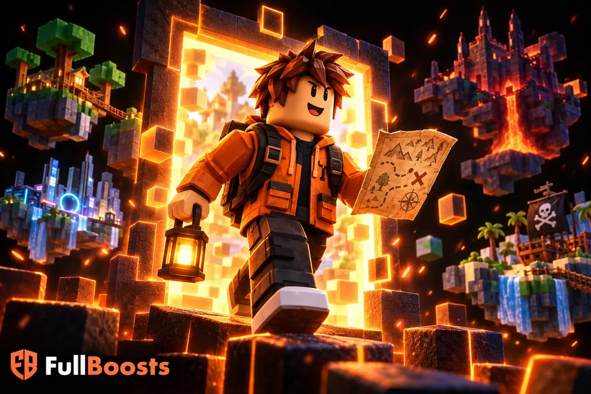 Blocky adventurer exploring an orange geometric portal