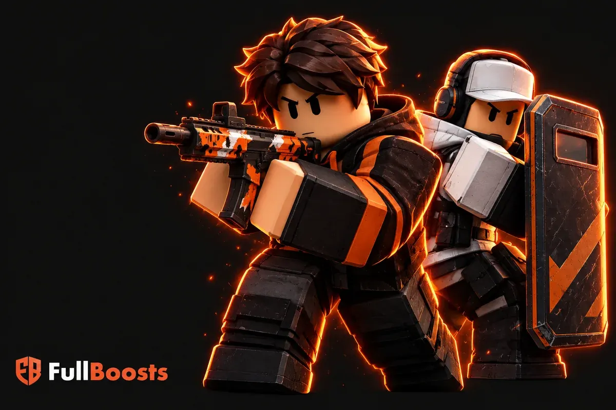 Two polished blocky Roblox duelists with a compact paint-marked rifle and a shieldlike arena panel