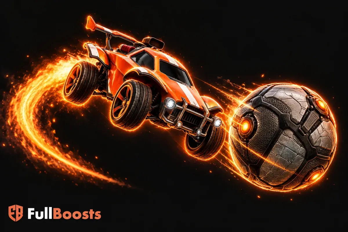 An orange rocket-powered sports car jumping beside a large metallic football with a curved boost trail