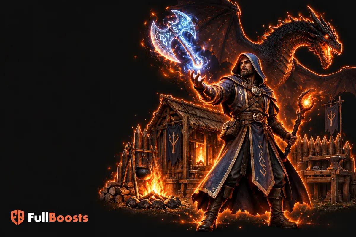 A RuneScape-style mage conjuring a spectral axe beside a small wooden survival camp while a dragon silhouette looms above