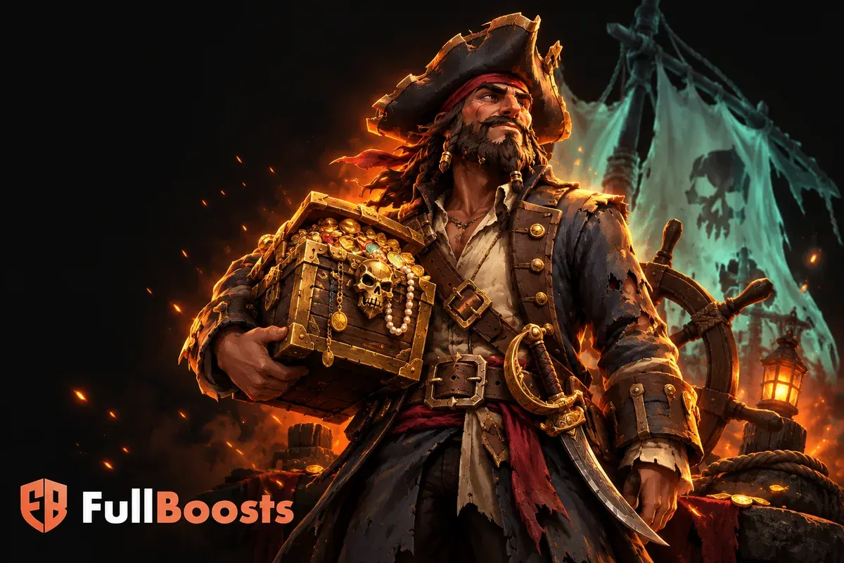 Pirate captain holding a glowing treasure chest