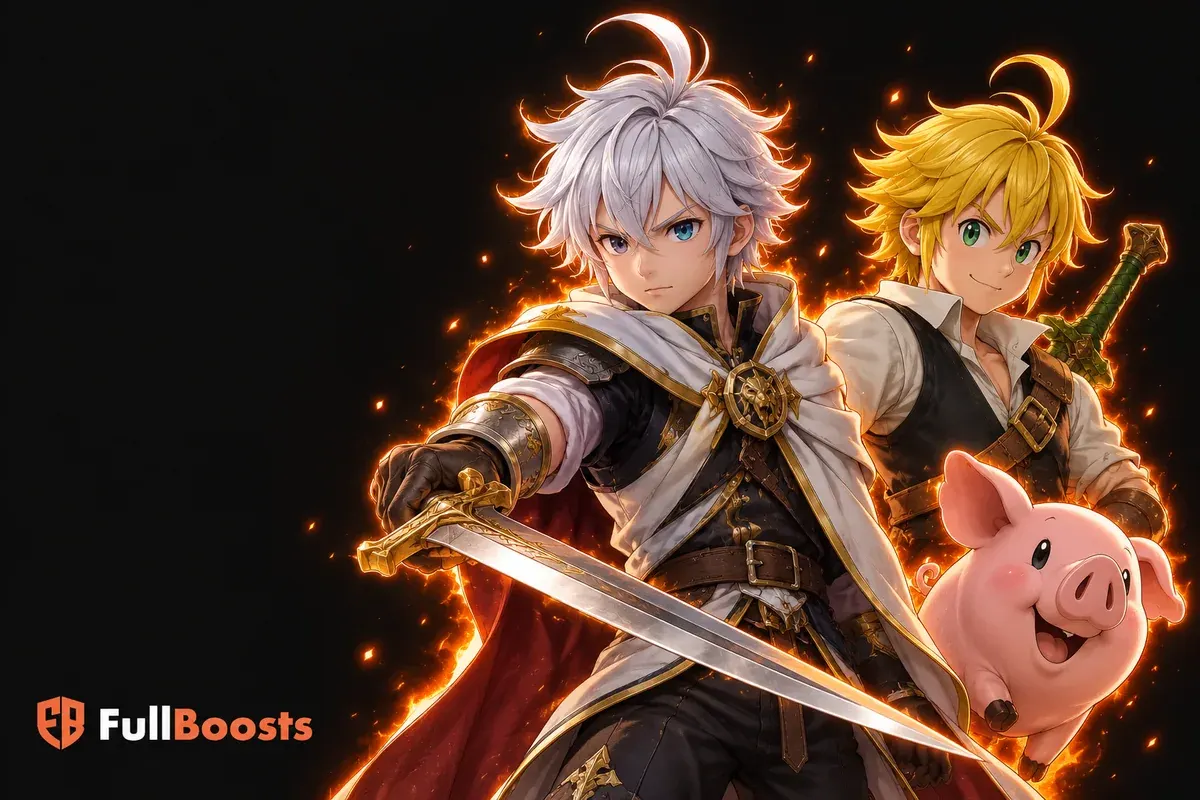 A white-haired anime prince with a sword accompanied by a blond short-haired hero and a tiny pink pig