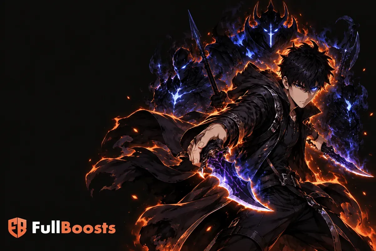 A black-haired anime hunter in a dark long coat wielding twin glowing daggers with shadow soldiers behind him
