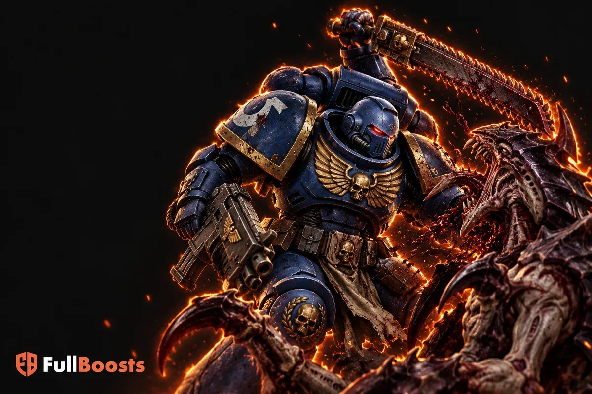 A massive blue-armored space marine with gold trim holding a chainsword and bolt rifle against a Tyranid silhouette