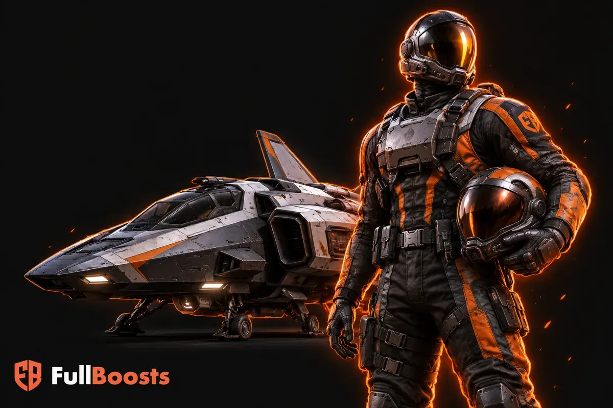 A realistic space pilot in orange-accented flight armor holding a helmet beside a compact starter spacecraft