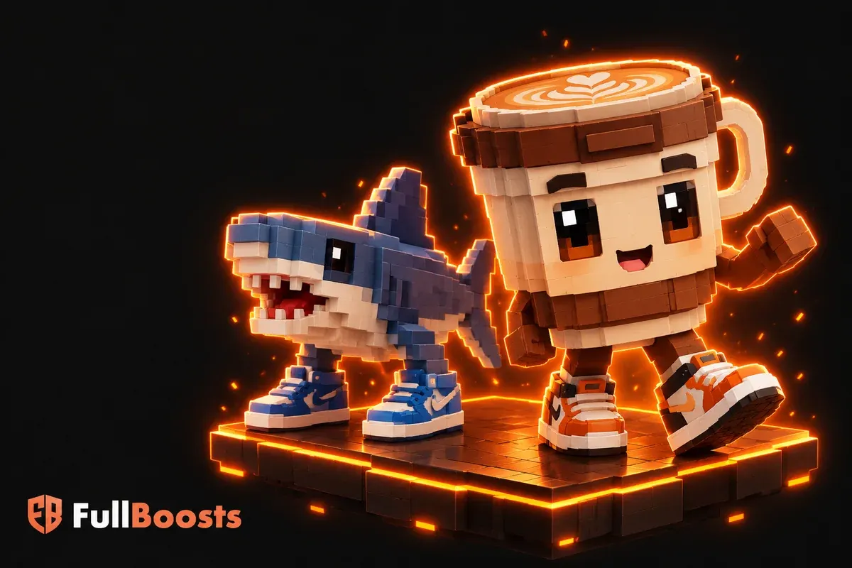 A playful blocky collectible creature with a coffee-cup head and tiny sneakers beside a second surreal shark-like toy