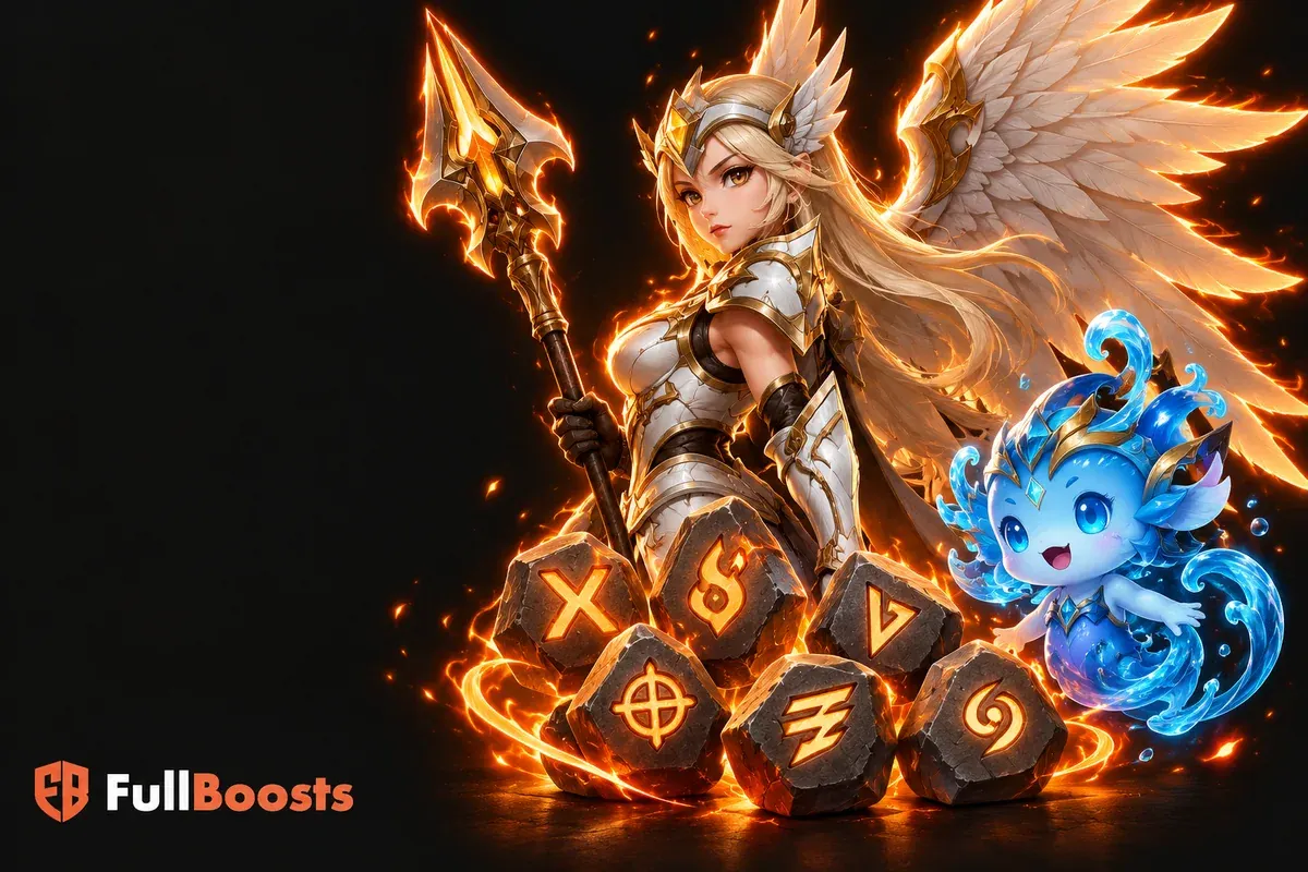 A winged armored valkyrie and a small magical water creature beside six engraved rune stones