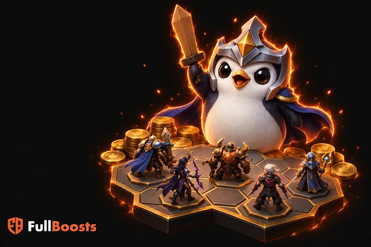 A charming penguin tactician with a wooden practice sword standing above a small hexagonal board with armored fantasy chesslike champions and gold coins