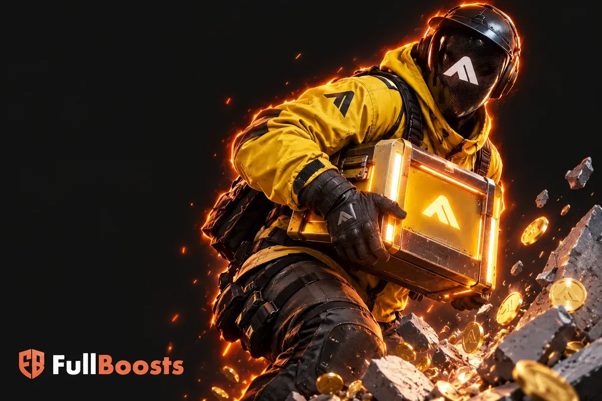 A masked gameshow contestant in a yellow tactical jacket carrying a glowing cashbox beside fractured concrete and coins