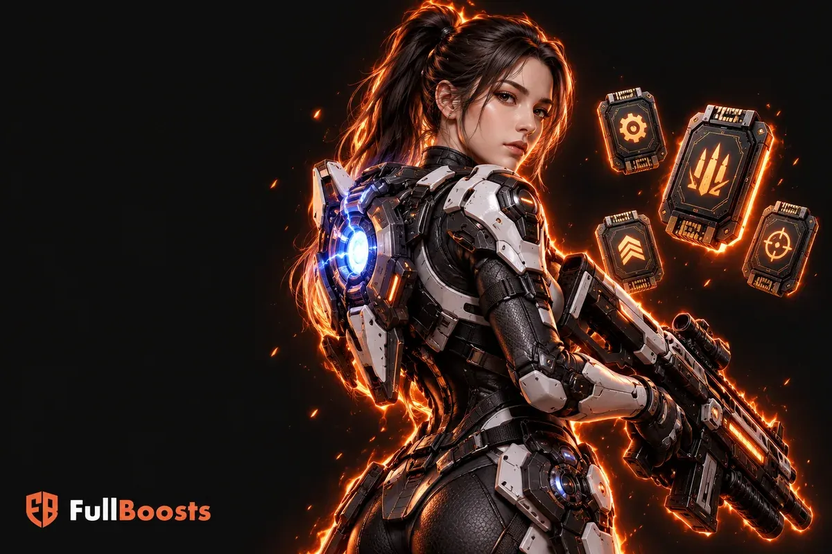 A sleek armored Descendant with a luminous electric backpack and a heavy sci-fi rifle beside floating module chips