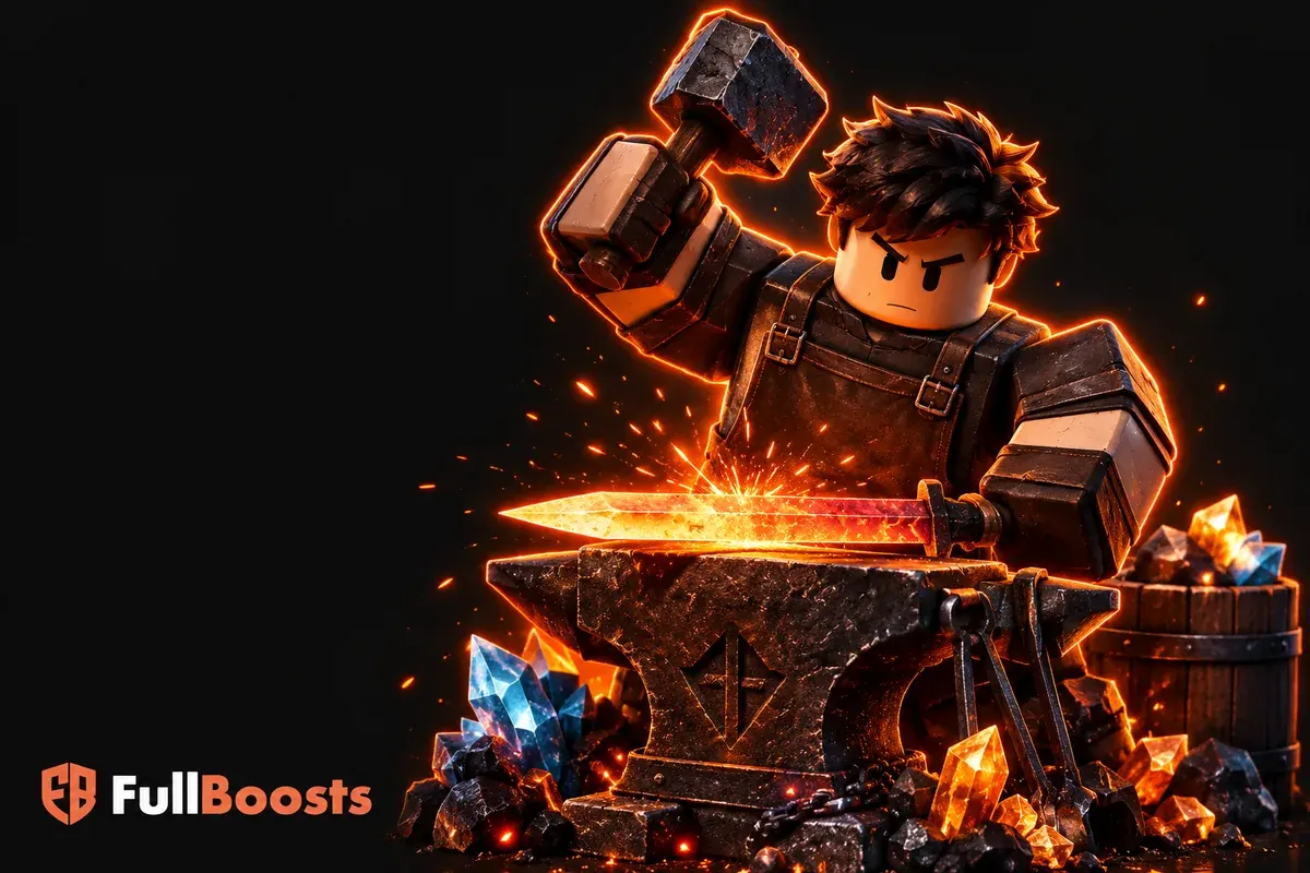 A blocky armored Roblox blacksmith hammering an orange-hot blade on a dark anvil with blue and amber mineral crystals
