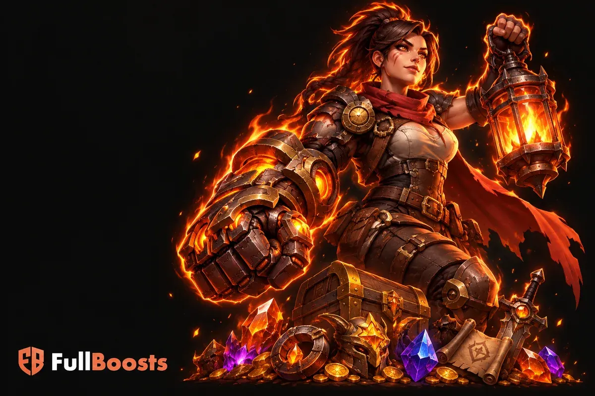 A bold stylized ember hunter with an oversized mechanical gauntlet and a glowing lantern surrounded by loot gems