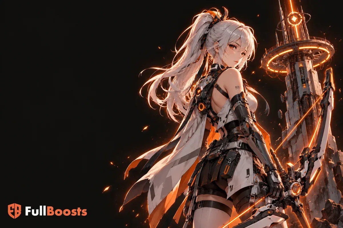 A silver-haired sci-fi anime wanderer carrying a futuristic bow beside an orange-lit mechanical tower fragment
