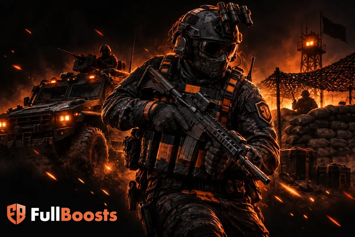 Tactical soldier with an armored transport and orange sparks