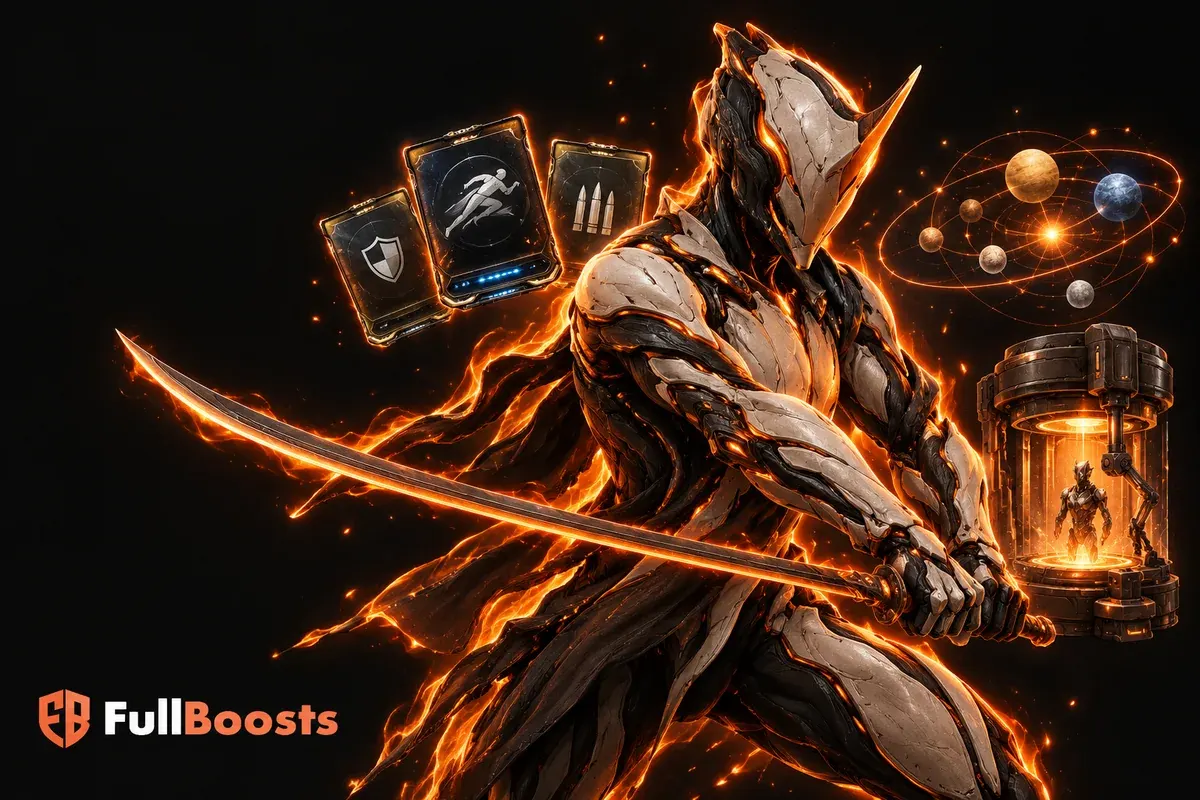 A sleek biomechanical space ninja with a long curved sword and luminous orange armor seams