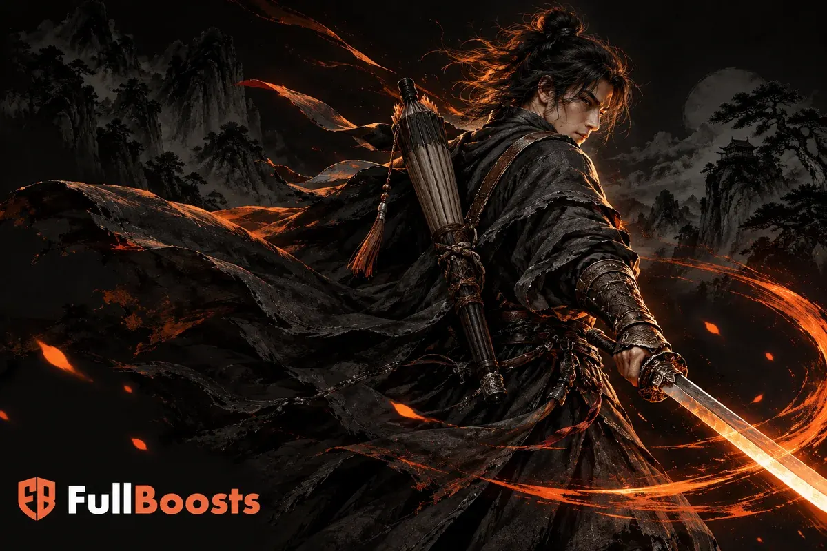 Wuxia swordsman with flowing robes and an orange blade trail