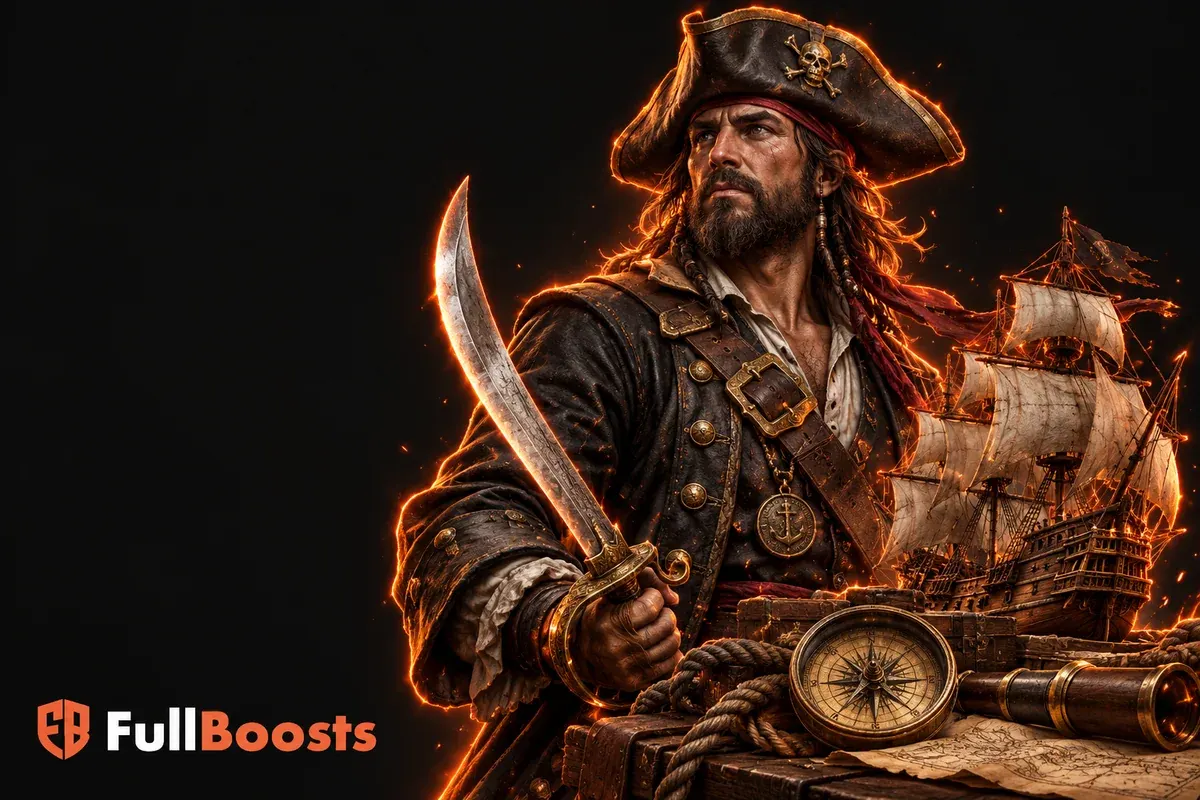 A weathered pirate captain with a tricorn hat and curved cutlass beside a detailed wooden sailing ship model and brass compass