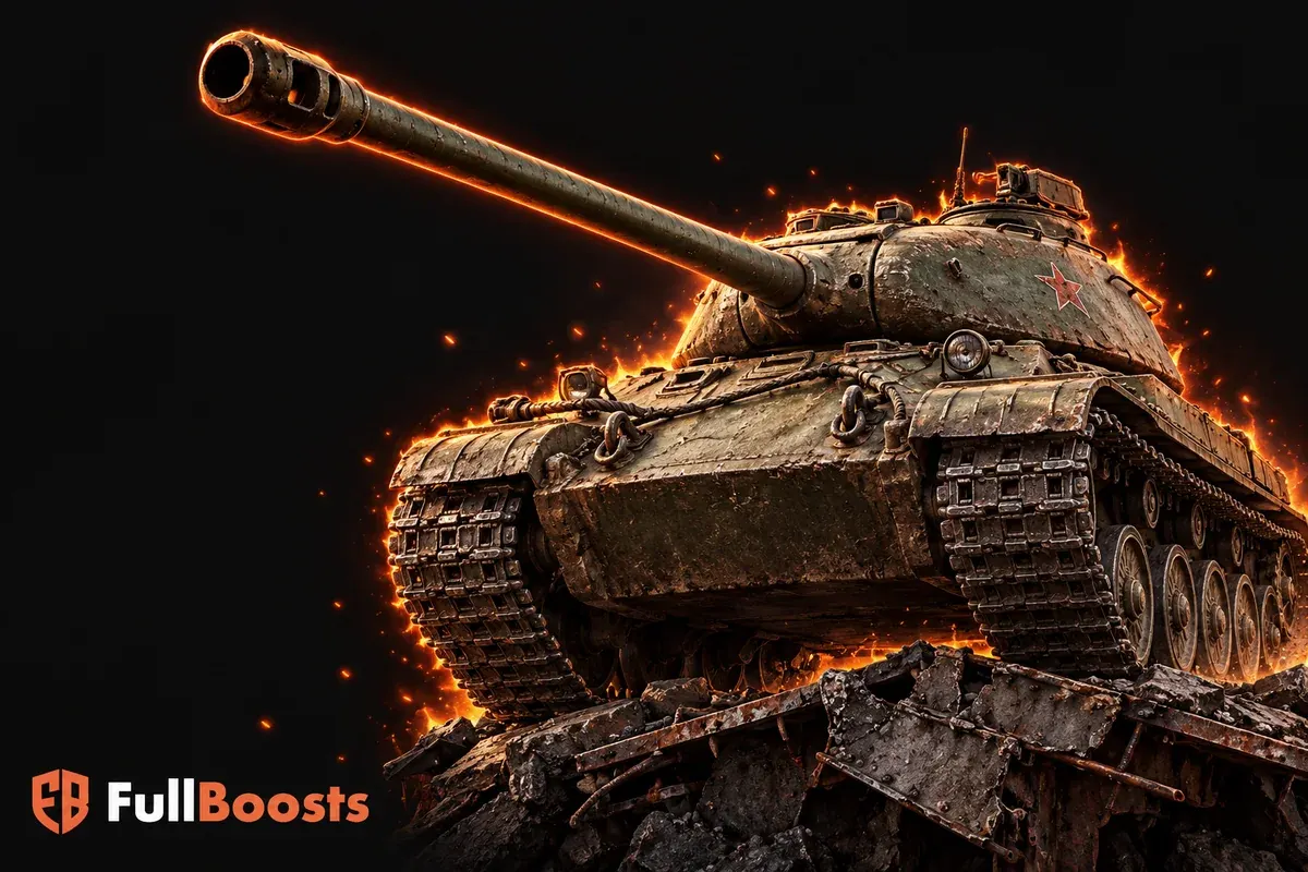 A heavily armored olive-green battle tank with a long cannon and weathered tracks cresting a fractured steel platform