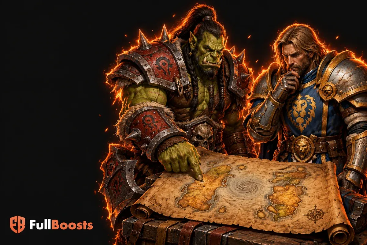 A broad-shouldered orc warrior and human paladin beside an old parchment map of Azeroth