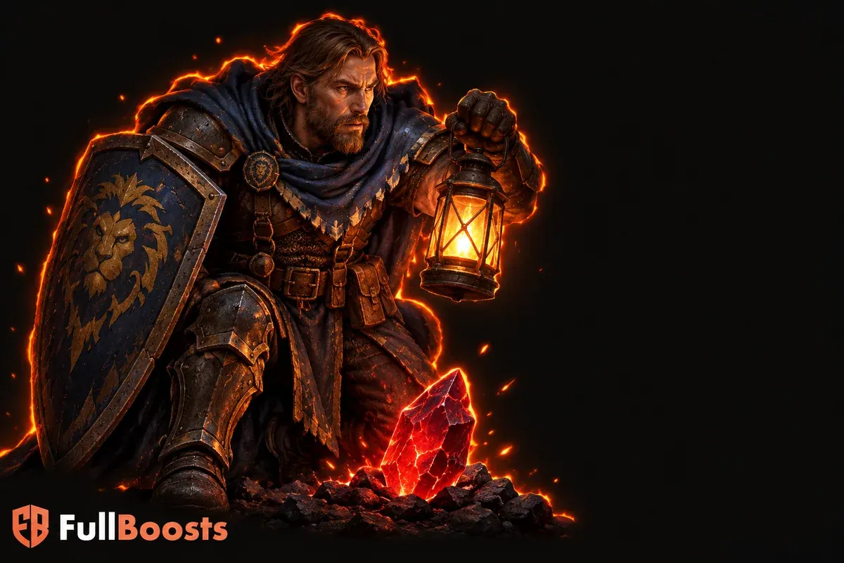 A cautious classic fantasy adventurer holding a shield and a lantern beside a cracked red soulstone
