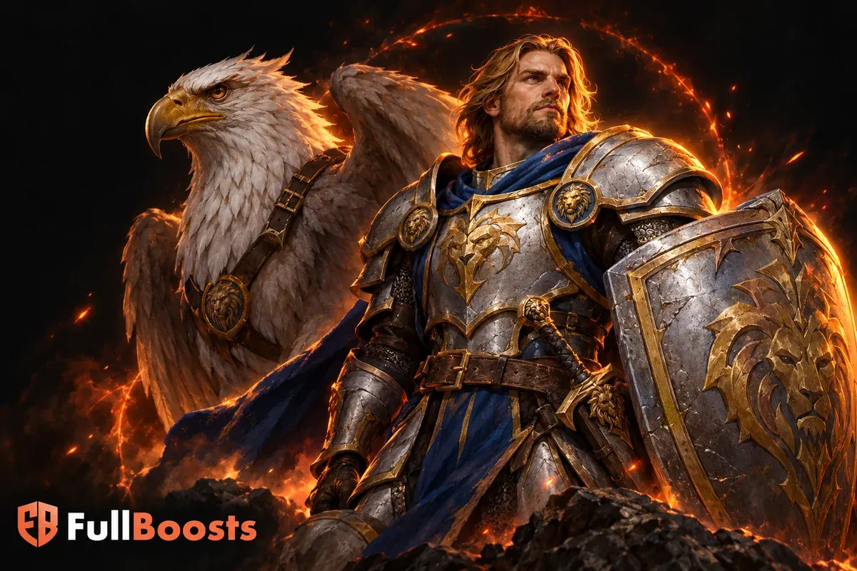 Classic fantasy shield bearer accompanied by a pale gryphon