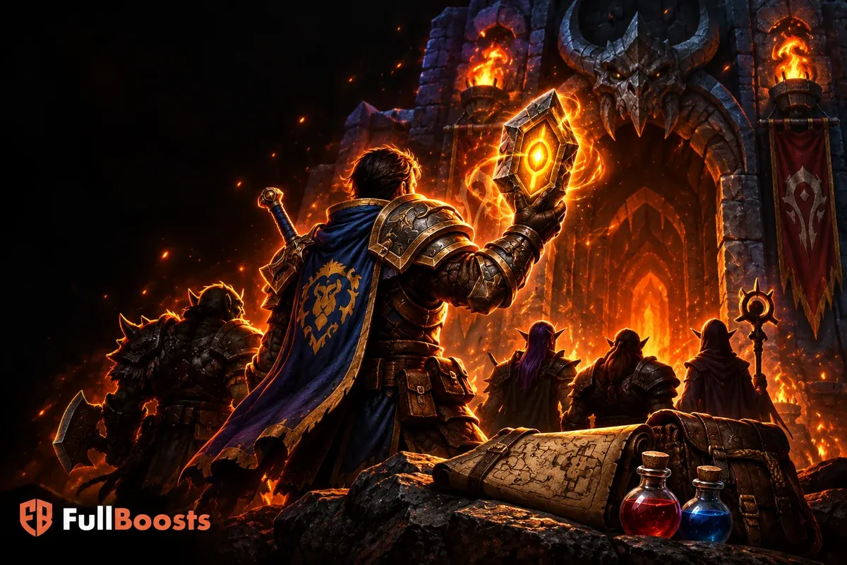 Warcraft party preparing a keystone at a dungeon gate — FullBoosts guide