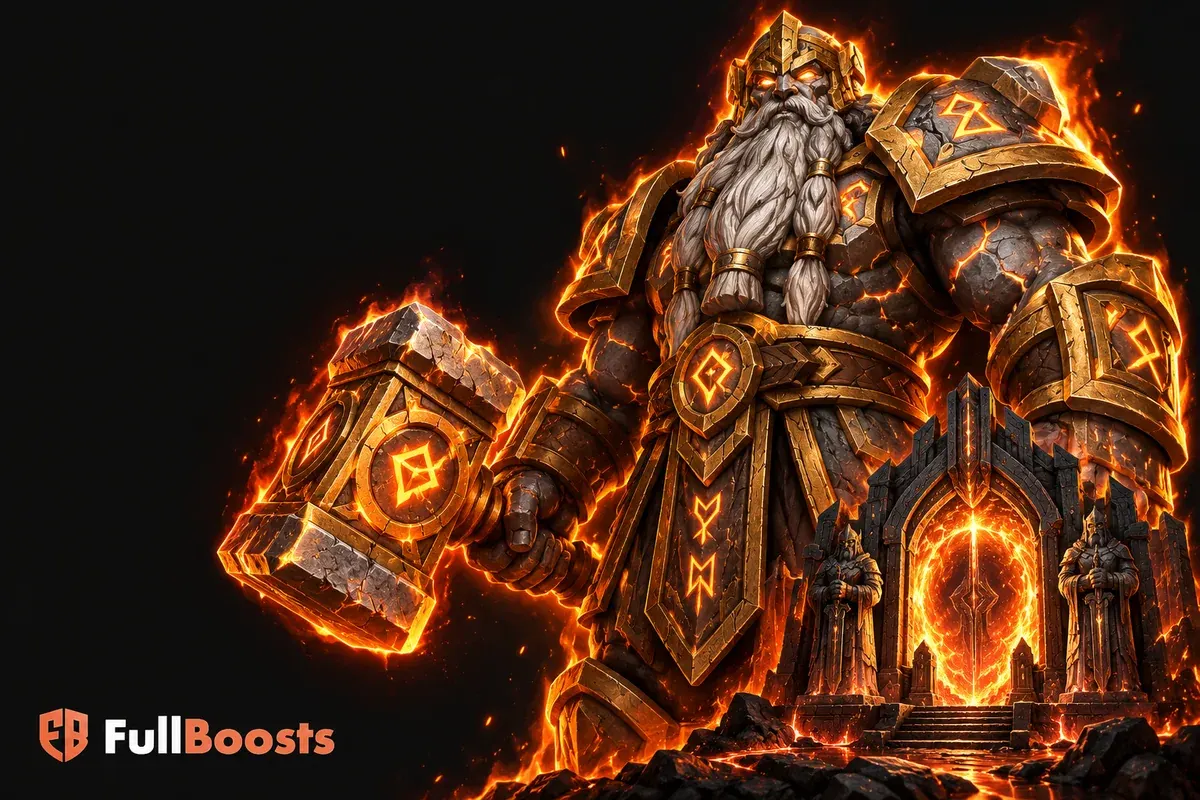 A monumental titan-forged armored guardian holding a glowing runic hammer beside a miniature molten raid gate