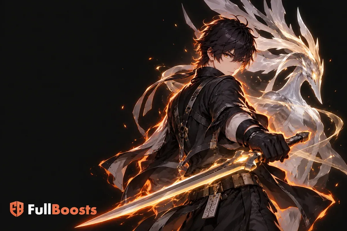 A black-haired anime wanderer wielding a luminous sword with a pale spectral Echo creature behind