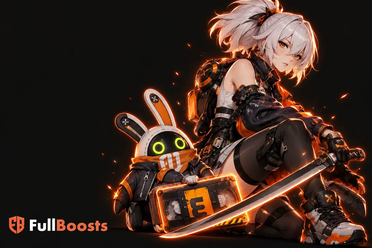 A stylish white-haired urban anime swordswoman and a small rabbit-eared helper robot beside a glowing video-store cassette